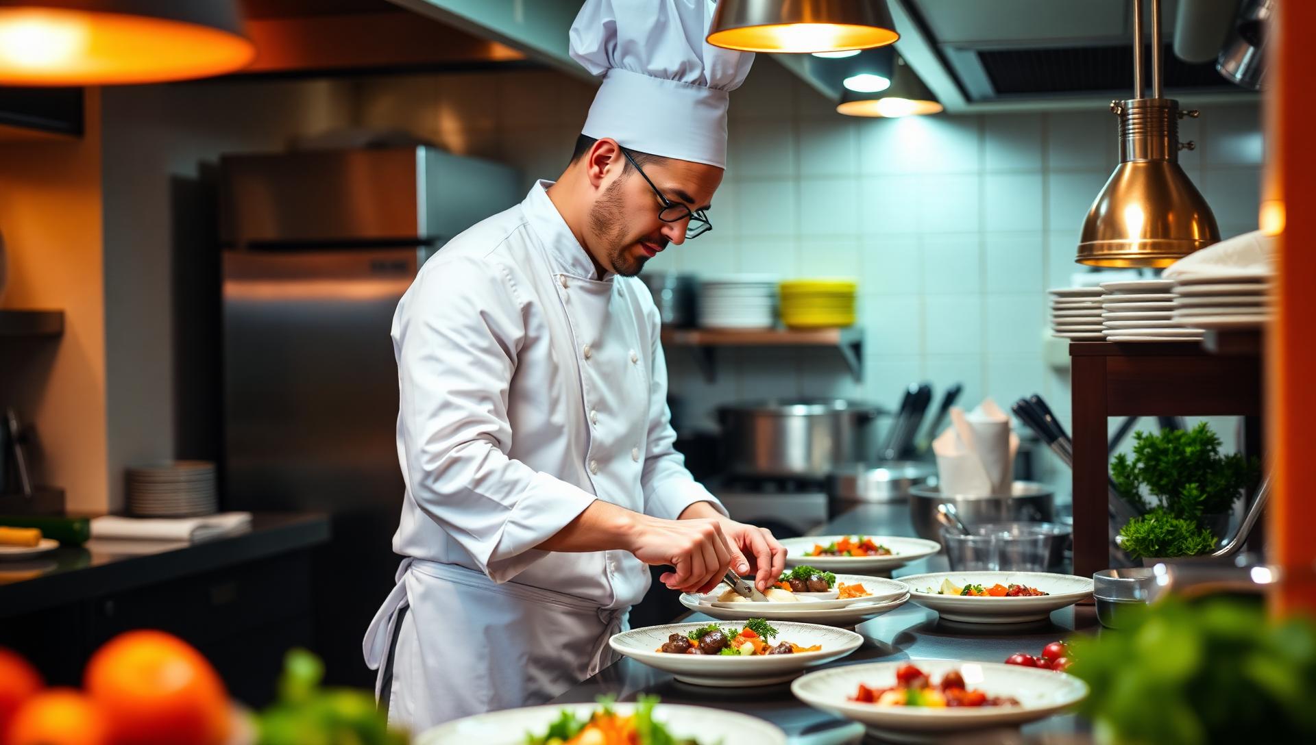 Cozinha de restaurante com chef finalizando pratos